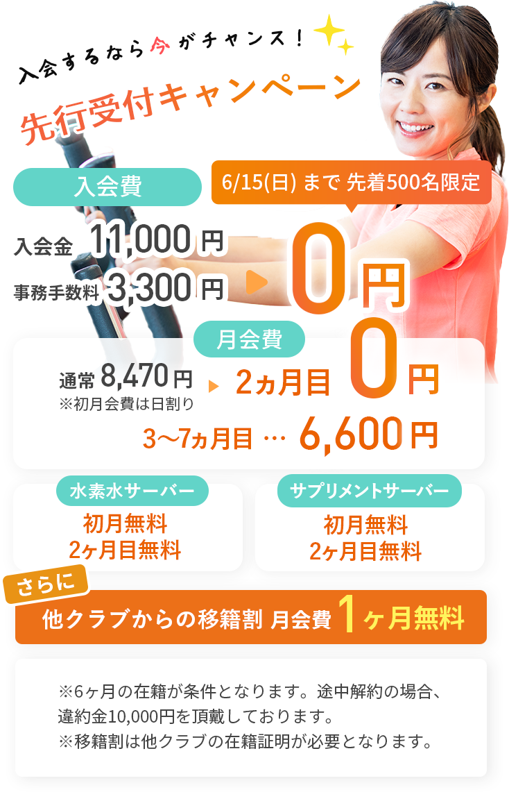 オープンキャンペーン、入会費0円。月会費初月0円。翌月より5ヶ月間6,600円。水素水2ヶ月無料。サプリサーバー2ヶ月無料。さらに他クラブからの移籍割 月会費1ヶ月無料